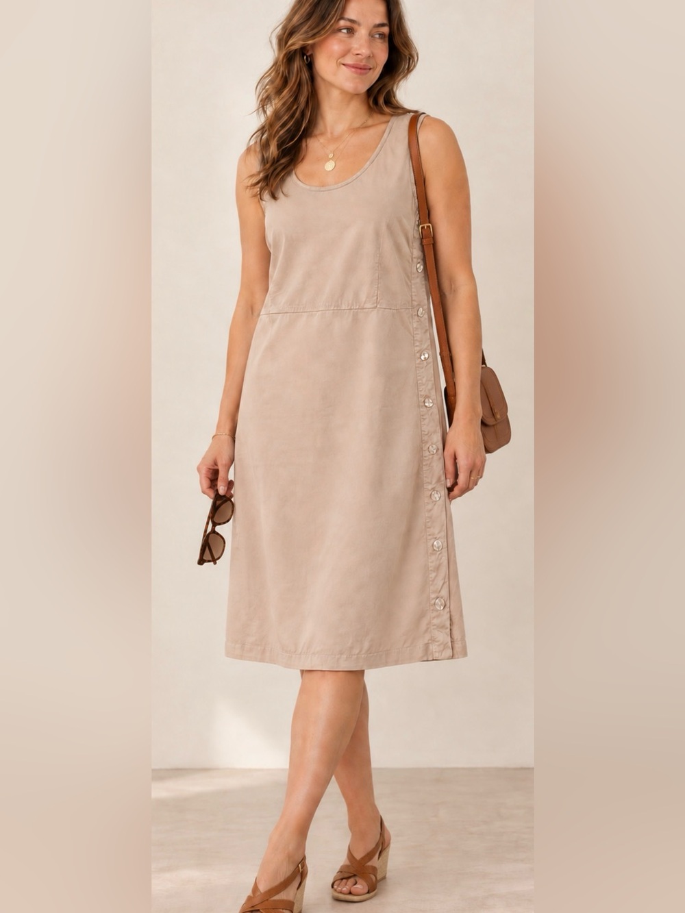 Fresh Produce sleeveless Midi Dress Tan Neutral L NWT Tencel Modest Jumper
